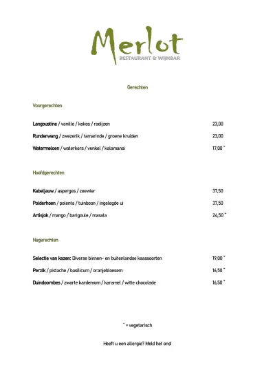 View menu Restaurant en Wijnbar Merlot