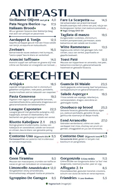 View menu Restaurant De Garage