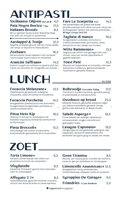 View menu Restaurant De Garage