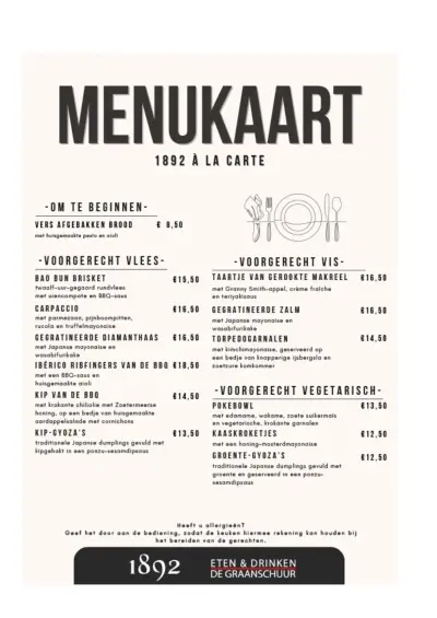 Bekijk menu 1892 Eten & Drinken