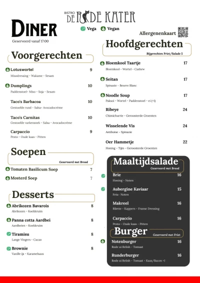 View menu Bistro De Rode Kater