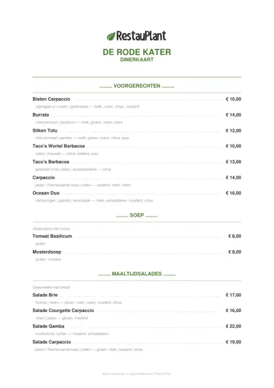 View menu Bistro De Rode Kater