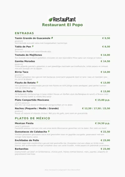 View menu Restaurant El Popo