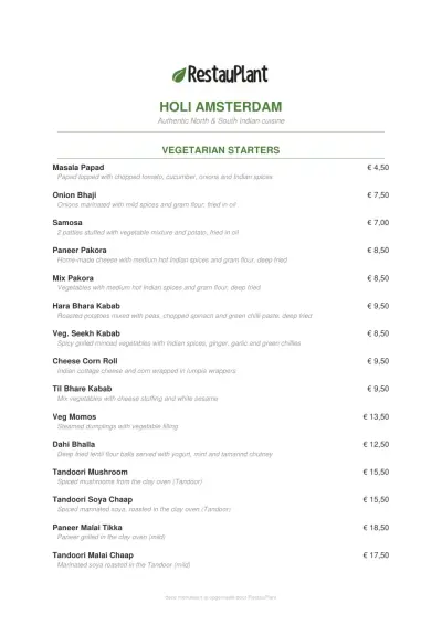 View menu Holi Indian Restaurant - Amsterdam