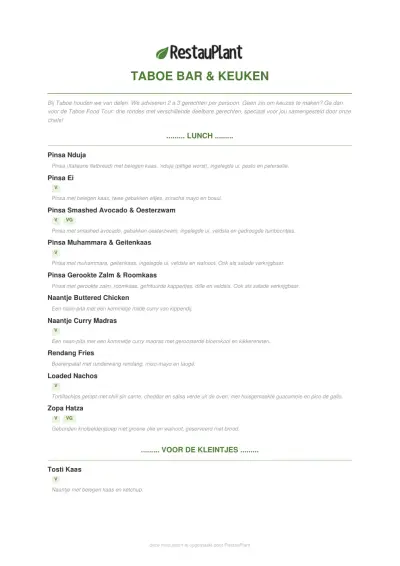 View menu Taboe Bar & Keuken