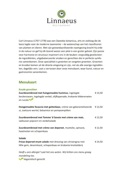 View menu Linnaeus restaurant