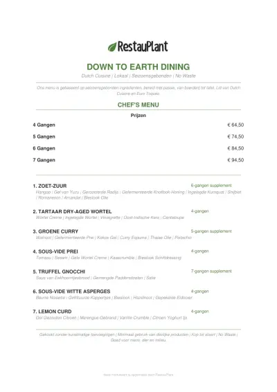 View menu Down to Earth Dining