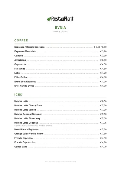 View menu Evnia Café