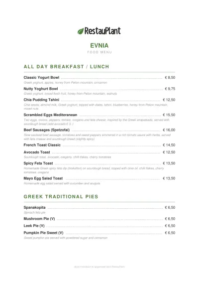 View menu Evnia Café
