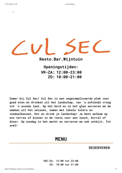 View menu Cul Sec resto bar wijntuin