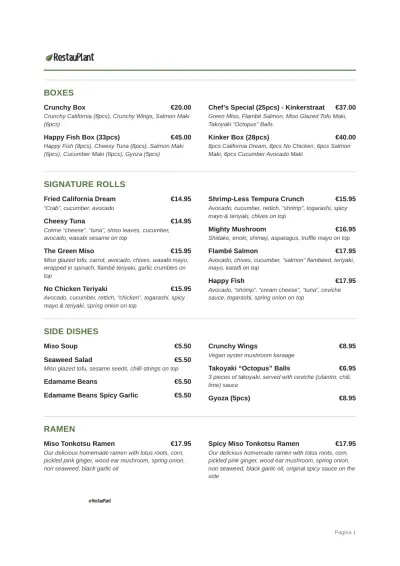 View menu Vegan Sushi Bar Utrecht