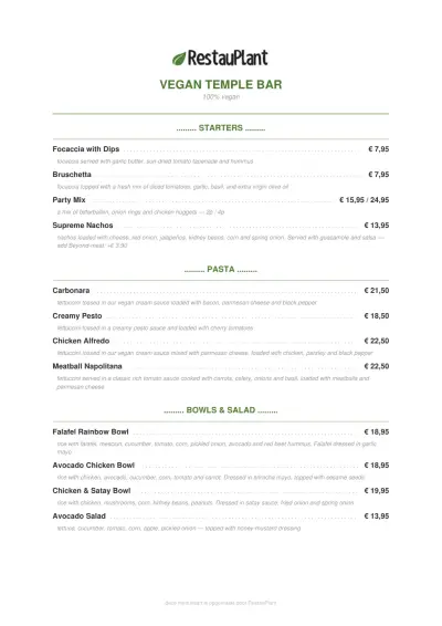 View menu Vegan Temple Bar