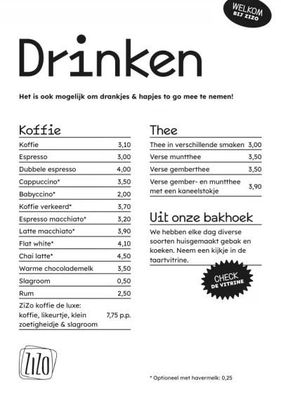 Bekijk menu ZiZo