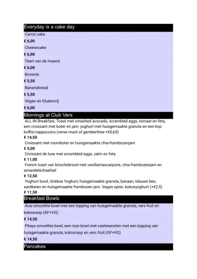 Bekijk menu Club Vers