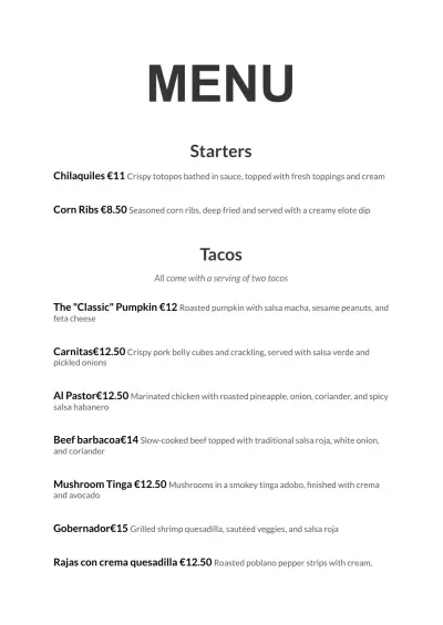 View menu MasMais Taqueria