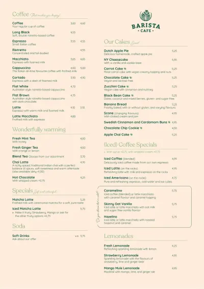 View menu Barista Cafe Frederikstraat - Den Haag