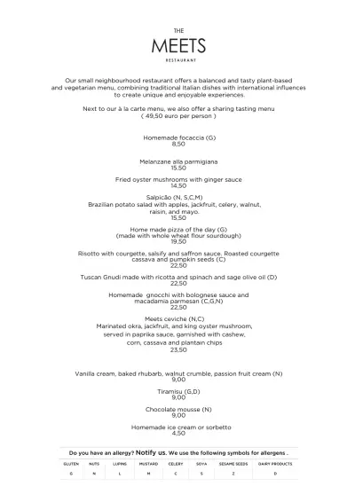View menu The Meets Restaurant