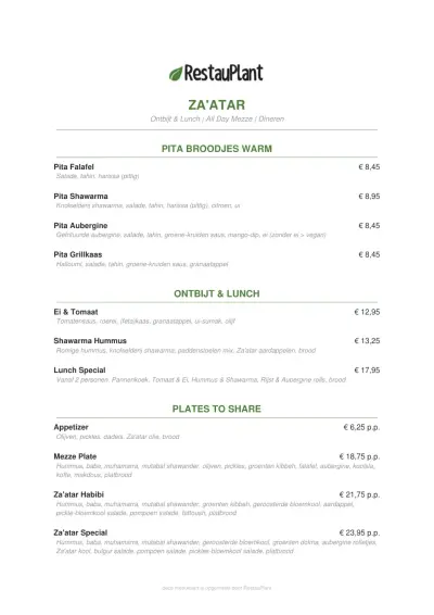 View menu Za'atar - Utrecht Twijnstraat