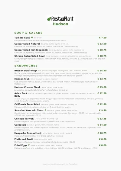 Bekijk menu Restaurant Hudson - Almere